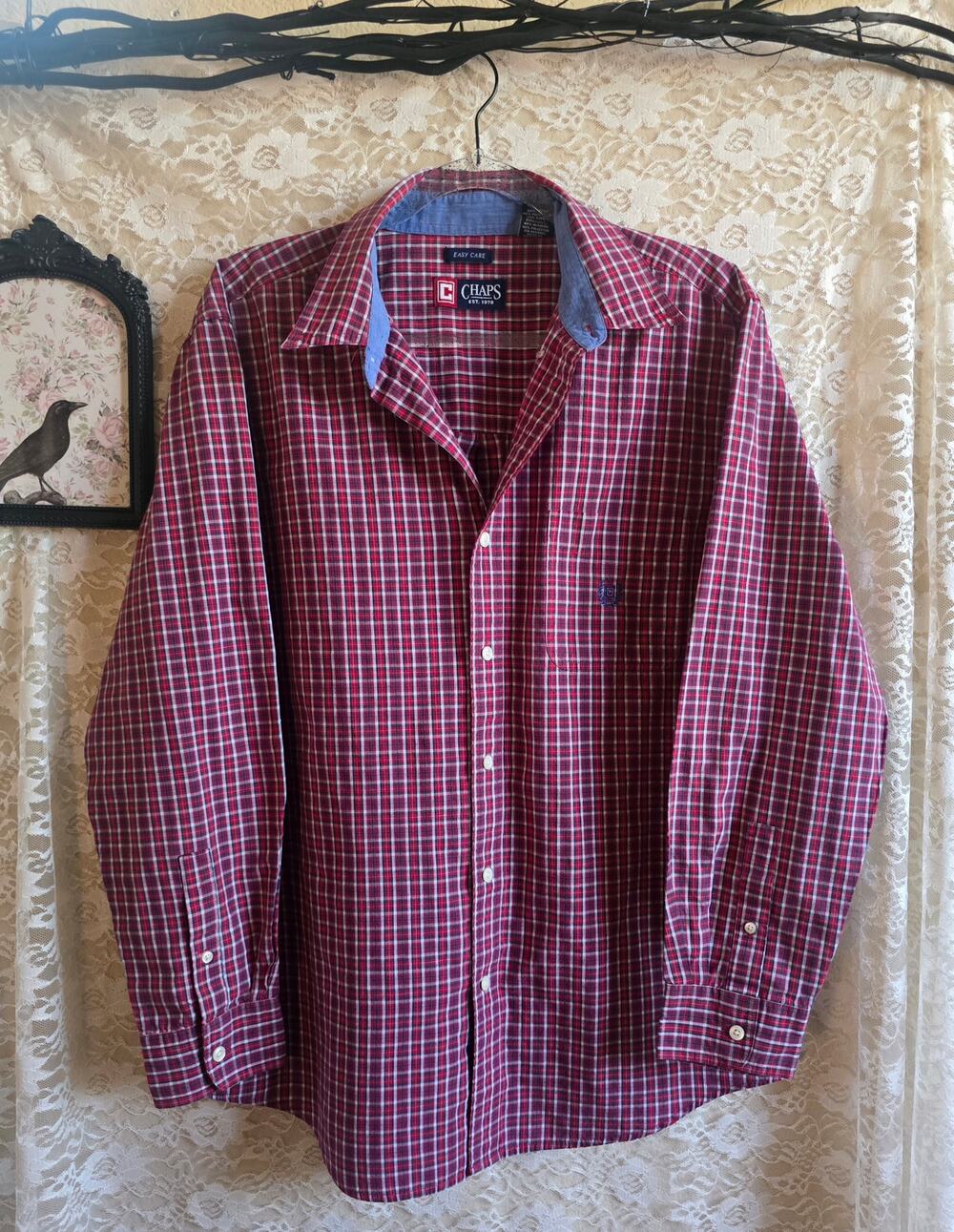 Chaps "Easy Care" men's long-sleeve plaid button-down shirt - red & navy